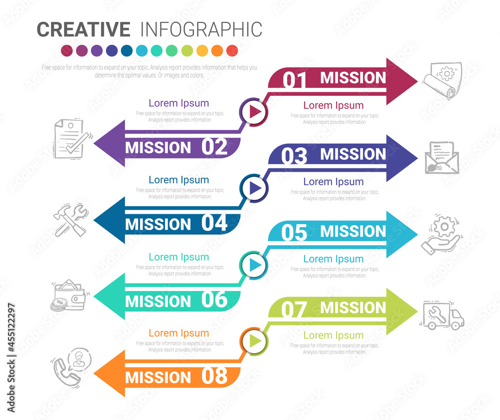 Infographic design template with numbers 8 option for Presentation infographic, Timeline infographics, steps or processes. Vector illustration. Infographic design template with numbers 8 option for Presentation infographic, Timeline infographics, steps or processes. Vector illustration.