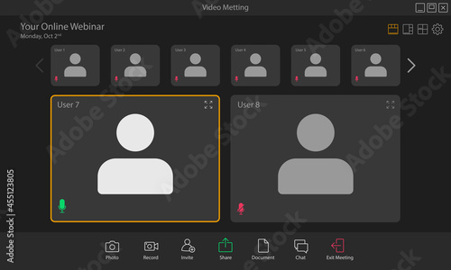 Flat vector illustration of video conference app layout. Perfect for design element of webinar, video meeting software user interface, and online conference.