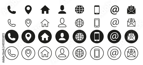 Contact information icons set. Communication vector icon symbol, sign. Modern flat button with black contact information icons for web page design.