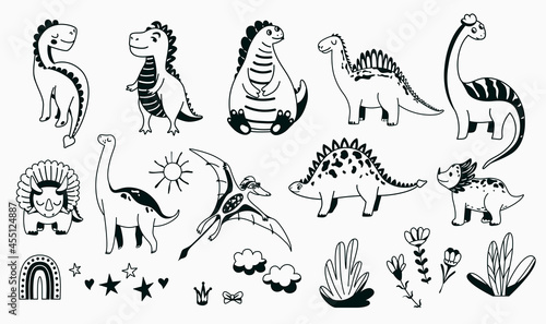 Dino cute icon vector illustration set with animal baby dinosaurs and design elements in sketch graphic outline style isolated on light background. Kid character monsters for cool nursery prints © zaie