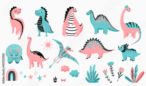 Dino cute vector illustration set with animal baby dinosaurs and design elements in flat cartoon scandinavian trendy style isolated on white background. Kid character monsters for cool nursery prints