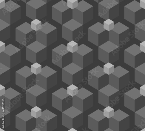 Abstract background seamless geometric pattern. Cube shape, diamond shape. Monochrome color. Surface design for apparel, textile, tile, cover, poster, flyer, banner, wall. Vector illustration.