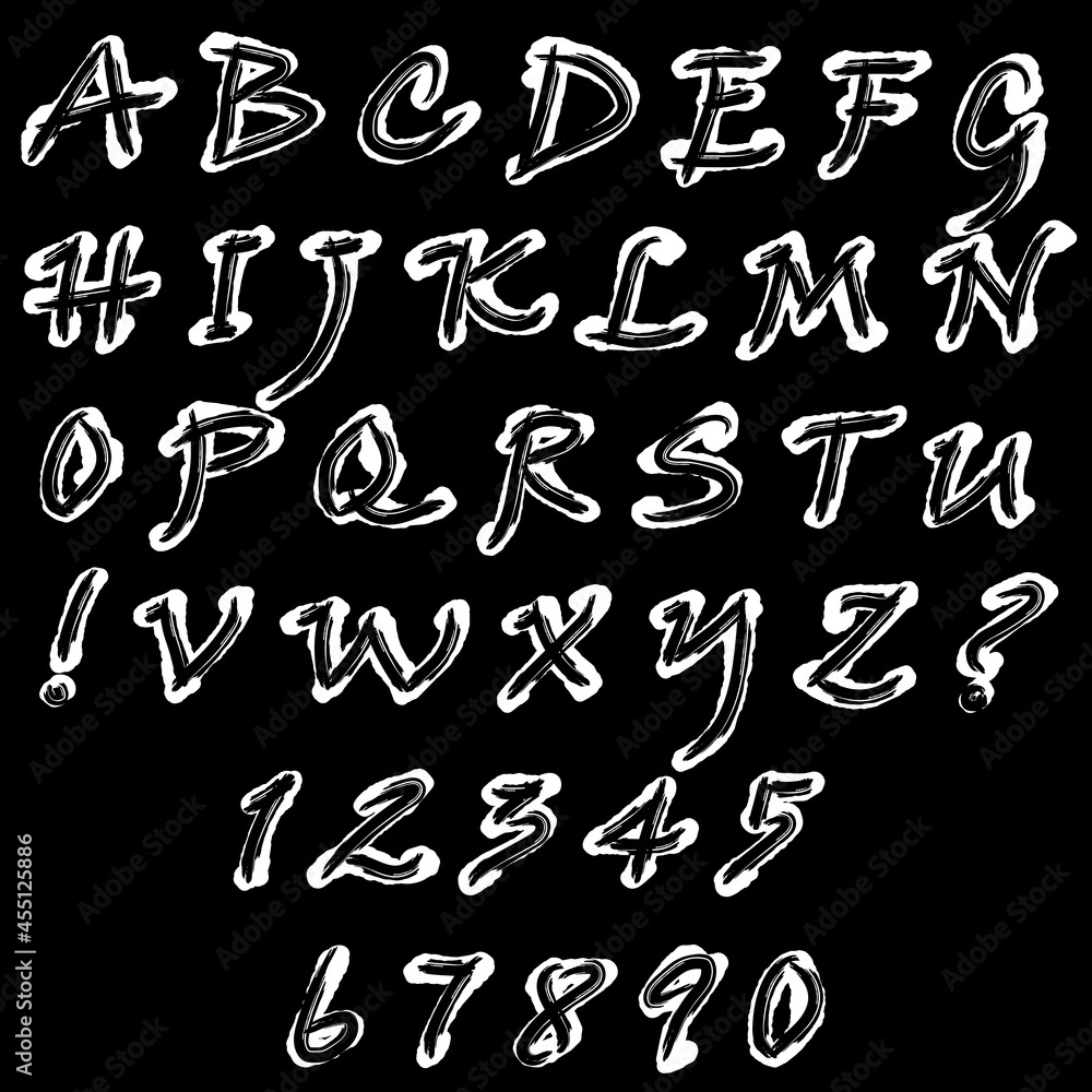 Vector set: capital letters of the Latin alphabet, exclamation, question marks and numbers: 1, 2, 3, 4, 5, 6, 7, 8, 9, 0. White and black elements on a black background.