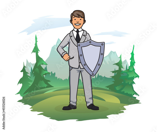 A man with a shield on the background of a forest and a mountain landscape. Social and environmental responsibility of business, sustainability. Concept vector illustration isolated on white.