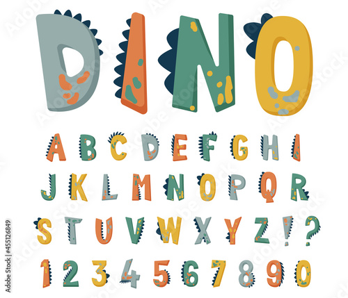 Fototapeta Naklejka Na Ścianę i Meble -  Dinosaur alphabet vector set with cute hand drawn letters and numbers in bright colors with texture dino effects. Comic fun kid typography design in flat cartoon style