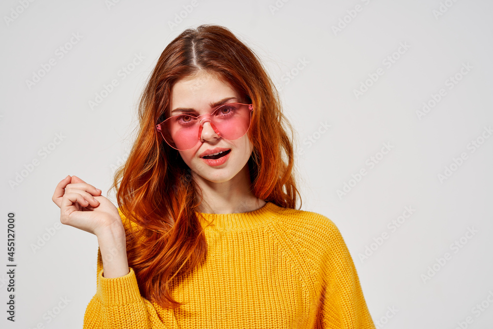 pretty woman in a yellow sweater hairstyle fashion glasses pretty woman in a yellow sweater hairstyle fashion glasses