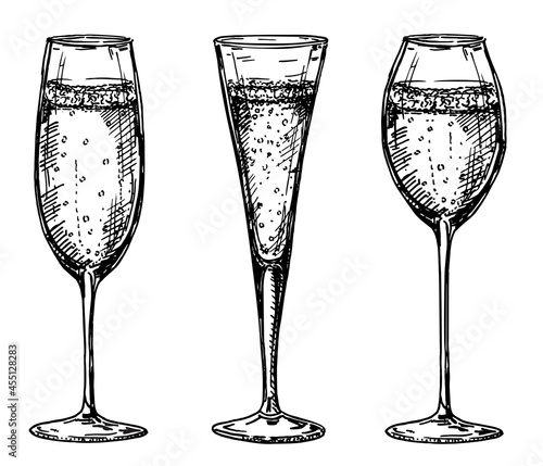 Vector vintage illustration with hand drawn different types of glasses champagne glass, wine. Design for bar menu.