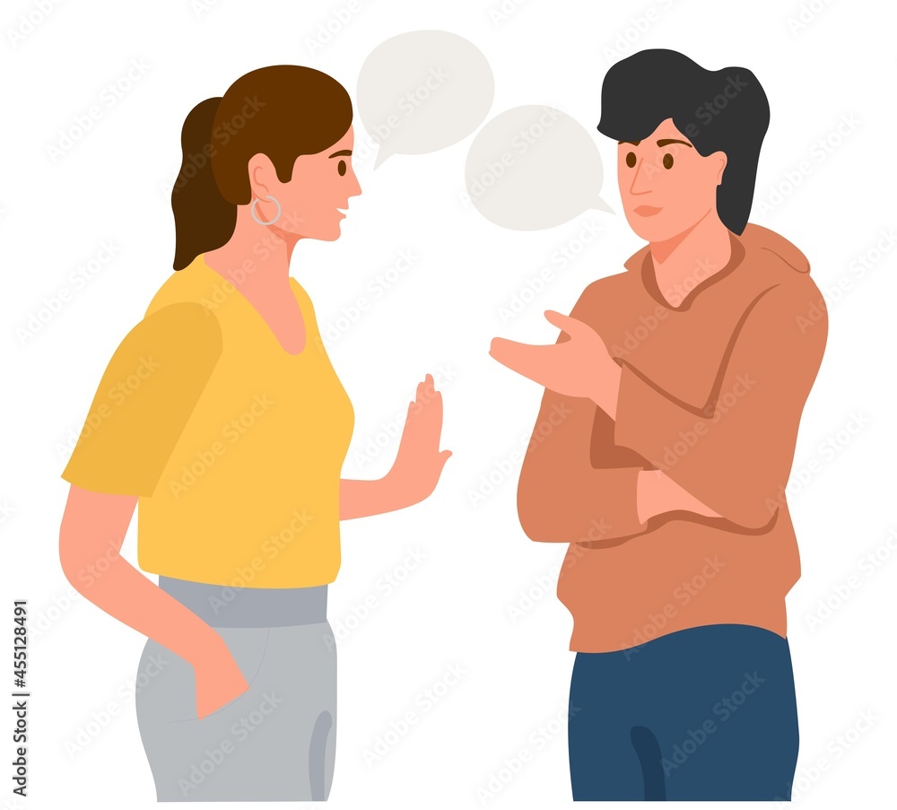 Young couple talking together. Positive communication of multinational friends. People communicating. People conversation with speech bubbles. Flat vector cartoon illustration isolated on white Young couple talking together. Positive communication of multinational friends. People communicating. People conversation with speech bubbles. Flat vector cartoon illustration isolated on white