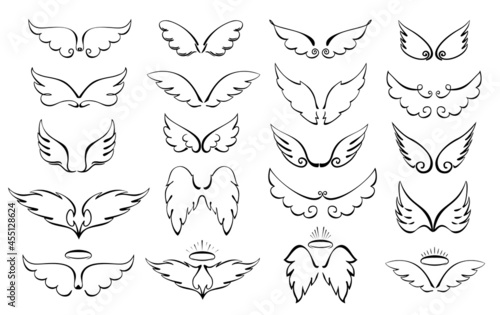 Wings are a big set. Wings and halo. Angel winged glory halo cute cartoon doodles vector illustration isolated on white background