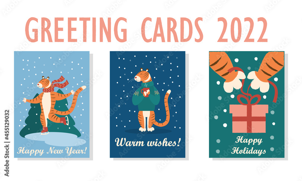 set of cute holiday cards for new year of tiger 2022: tiger on horseback, tiger with hot cup in its paws, tiger paws open gift box. Vector festive New Year illustration with symbol of the year