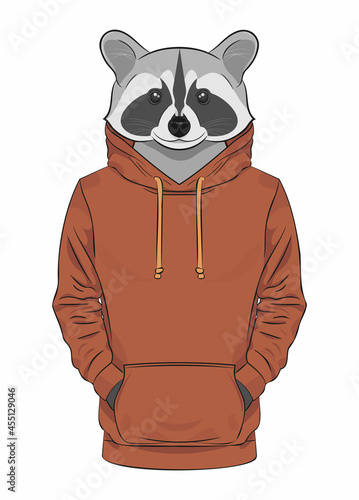 Raccoon in a brown sweatshirt or hoodie. Vector print illustration for sweatshirts, sweatshirts, t-shirts, posters, cards. Anthropomorphic animals	