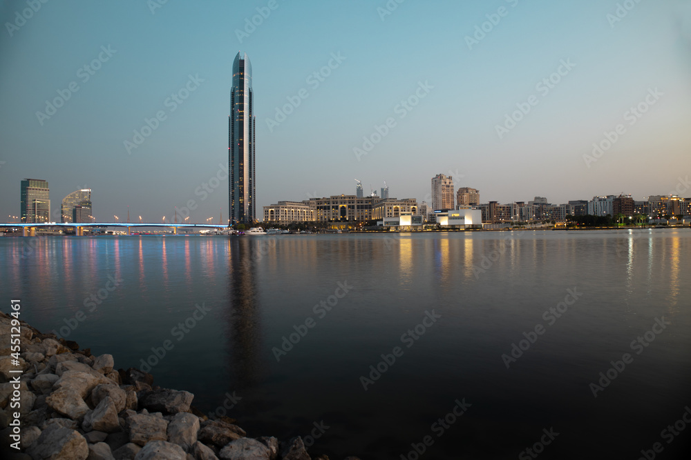 View of the city and the Lake in Dubai after sunset