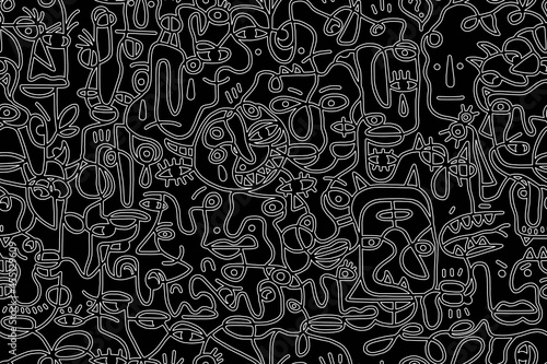Black and white cartoon pattern on a black background, abstract design, seamless background.