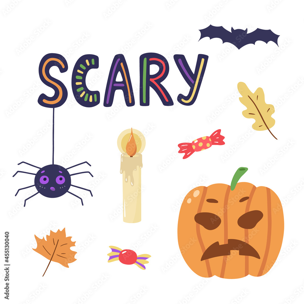 Bright halloween illustrations. Hand drawn cute illustrations isolated on a white background. Angry pumpkin, funny spider, bat, leaves, candy and candle. Bright halloween illustrations. Hand drawn cute illustrations isolated on a white background. Angry pumpkin, funny spider, bat, leaves, candy and candle.