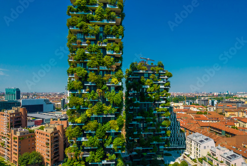 Aerial photo of Bosco Verticale, Vertical Forest in Milan, Porta Nuova district photo