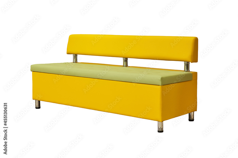 yellow and green leather office sofa with metal chrome legs isolated on white background. modern couch, furniture, interior, home design yellow and green leather office sofa with metal chrome legs isolated on white background. modern couch, furniture, interior, home design