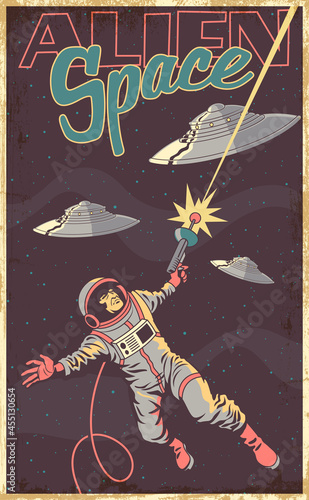 Alien Space Retro Future Sci Fi Book Covers Style Illustration  Astronaut and Flying Saucers in Outer Space