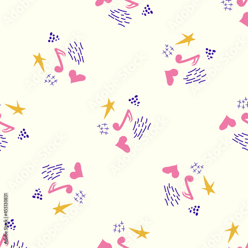 Cartoon cute doodles hand drawn Musical seamless pattern. Colorful detailed  with lots of objects background.