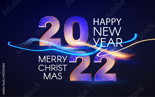 Happy new 2022 year Elegant text with light and wave effect.