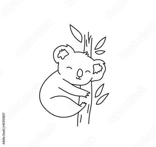 Vector isolated cute cartoon sleeping koala line drawing. Colorless black and white koala graphic doodle sketch.