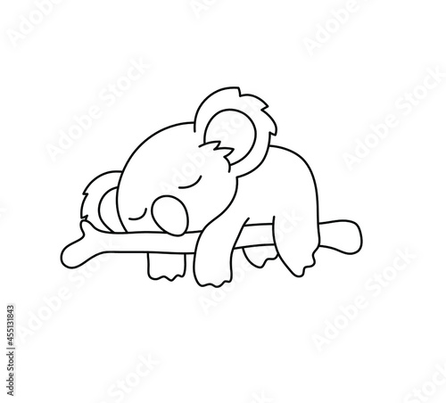 Vector isolated cute cartoon koala sleeping on a tree drawing. Colorless black and white koala line doodle drawing.