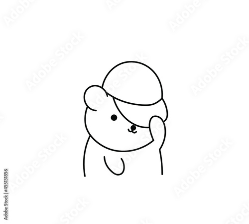 Vector isolated cute cartoon cool bear in cap black line contour drawing