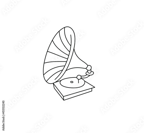 Vector isolated one single retro vintage gramophone recorder contour line drawing. Colorless black line graphic gramophone icon logotype symbol 