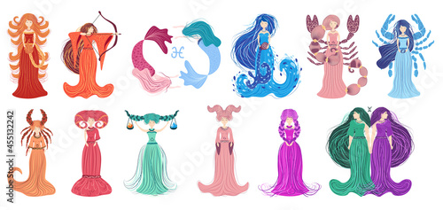 Zodiac, zodiac sign illustration as a beautiful girl with braids. Vintage zodiac boho style fashion illustration