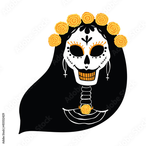 Hand-drawn lettering "Dia de los Muertos" Mexican holiday of the day of the dead. Human bones illustration vector 