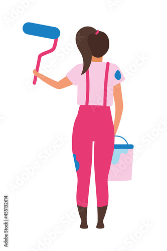 Girl with paint roller semi flat color vector character. Standing figure. Full body person on white. Painting walls at home isolated modern cartoon style illustration for graphic design and animation