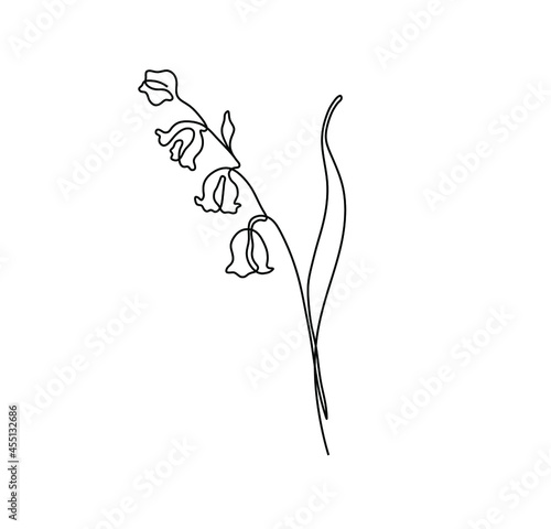 Vector isolated simple tiny one line lilly of the valley flower. Single line small minimal flower tattoo.