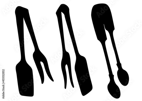 Kitchen tongs and meat spoons included. Vector image.