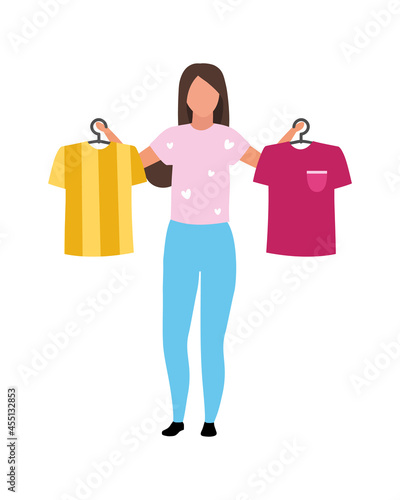 Girl helps with t shirts choosing semi flat color vector character. Full body person on white. Visit to clothing boutique isolated modern cartoon style illustration for graphic design and animation