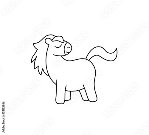 Vector isolated cute cartoon pony contour black line drawing. Colorless black and white horse pony silhouette outline sketch