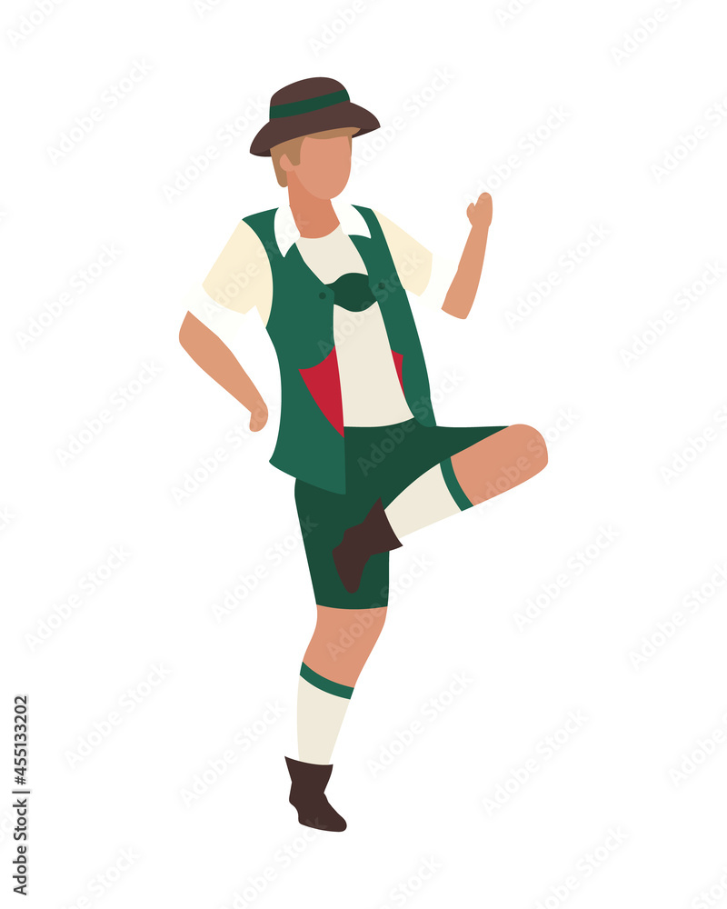 Dancing man in lederhosen semi flat color vector character. Full body person on white. Participating in folk dance isolated modern cartoon style illustration for graphic design and animation