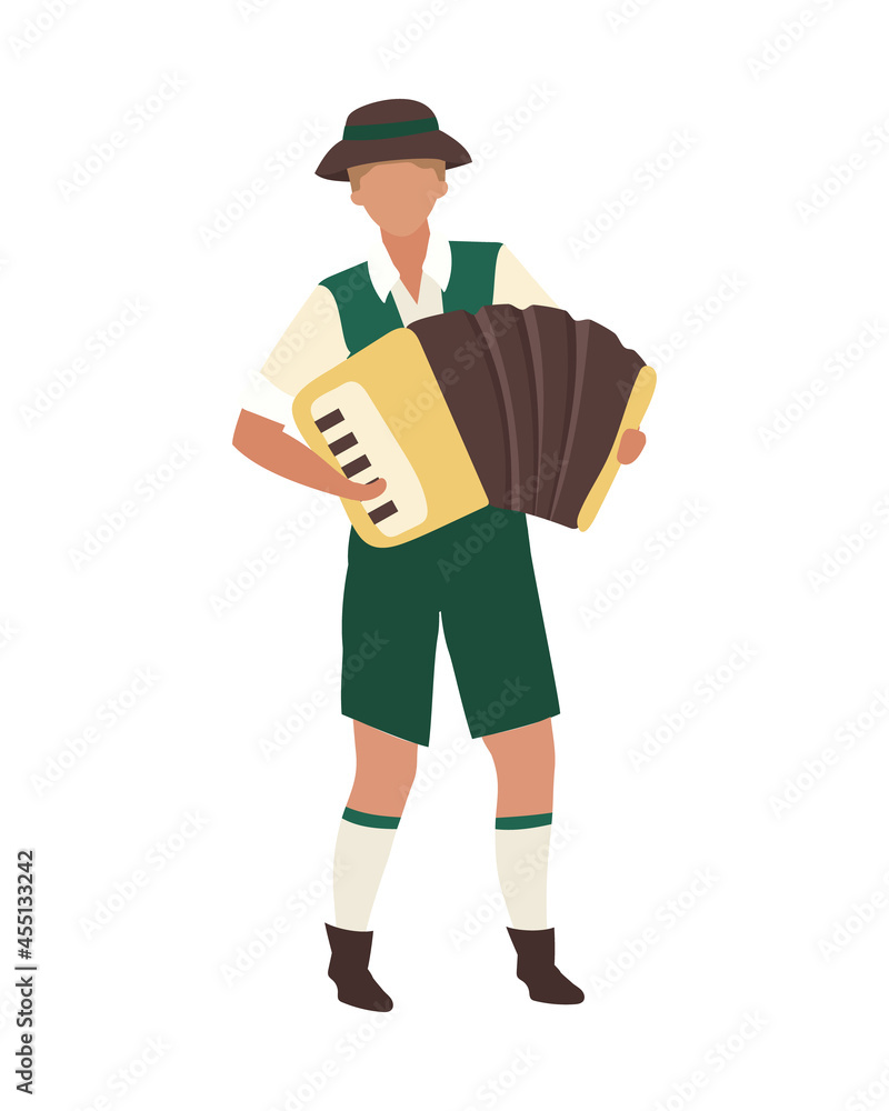 Oktoberfest participant playing accordion semi flat color vector character. Full body person on white. Accordionist isolated modern cartoon style illustration for graphic design and animation