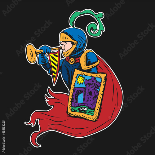 A knight blows a trumpet on a black isolated background vector drawing.