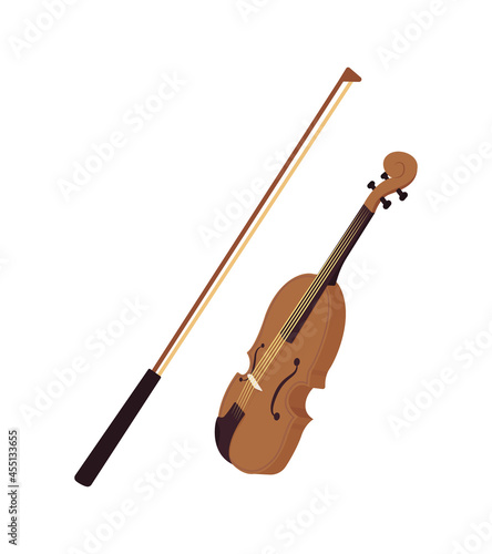 Violin with bow semi flat color vector object. Full sized item on white. String instrument for live performance isolated modern cartoon style illustration for graphic design and animation