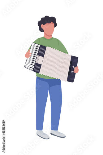 Man playing accordion semi flat color vector character. Full body person on white. Accordionist with musical instrument isolated modern cartoon style illustration for graphic design and animation