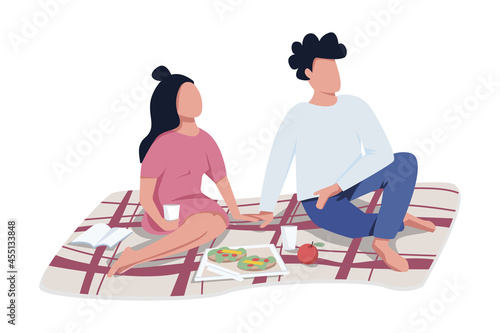 Couple on romantic picnic date semi flat color vector characters. Full body people on white. Spending time together outdoors isolated modern cartoon style illustration for graphic design and animation