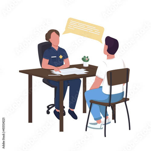Policewoman interrogating suspect semi flat color vector characters. Full body people on white. Conducting witness interview isolated modern cartoon style illustration for graphic design and animation