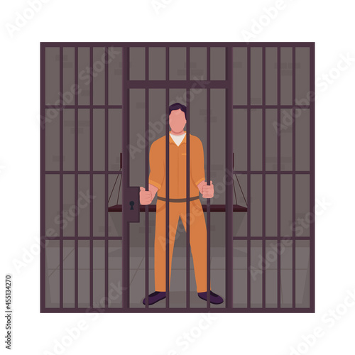 Male prisoner in jail semi flat color vector character. Full body person on white. Convict person behind bars isolated modern cartoon style illustration for graphic design and animation