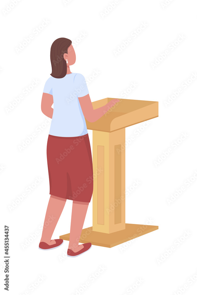 Female speaker behind podium semi flat color vector character. Full body person on white. Speaking to audience isolated modern cartoon style illustration for graphic design and animation