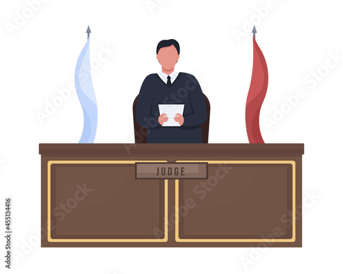 Male judge standing behind podium semi flat color vector character. Full body person on white. Judging process in courtroom isolated modern cartoon style illustration for graphic design and animation