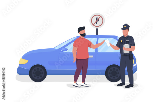 Policeman giving parking fine semi flat color vector characters. Full body people on white. Parking enforcement officer isolated modern cartoon style illustration for graphic design and animation