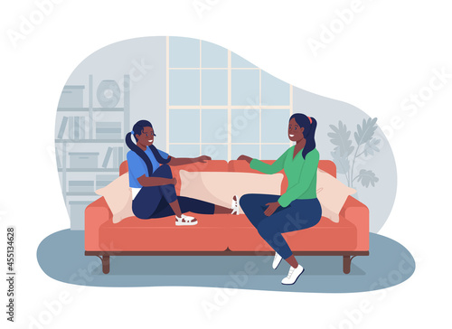 Teenager talk with mom 2D vector isolated illustration. Leisure at home. Daughter speaking with mother flat characters on cartoon background. Girl sit with parent on couch colourful scene
