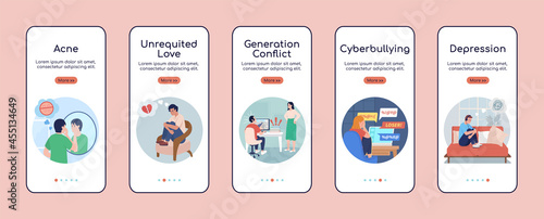 Teen kids problems onboarding mobile app screen flat vector template. Walkthrough website 5 steps with characters. Creative UX, UI, GUI smartphone cartoon interface, case prints set