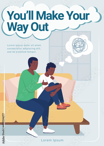 Teen mental health poster flat vector template. Brochure, booklet one page concept design with cartoon characters. Emotional support for depressed teen flyer, leaflet with copy space