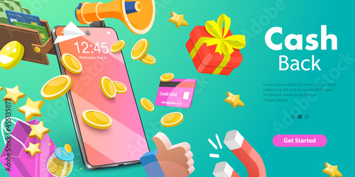 3D Vector Conceptual Illustration of Cash Back, Online Shopping Bonuses and Loyalty Program