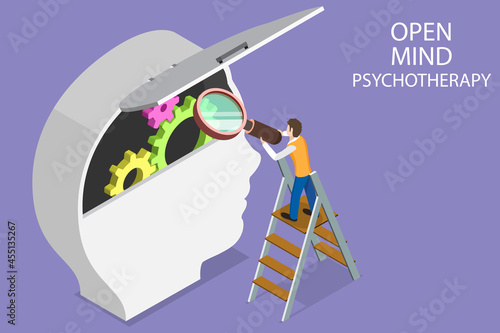 3D Isometric Flat Vector Conceptual Illustration of Open Mind Psychotherapy, Mental Health Treatment